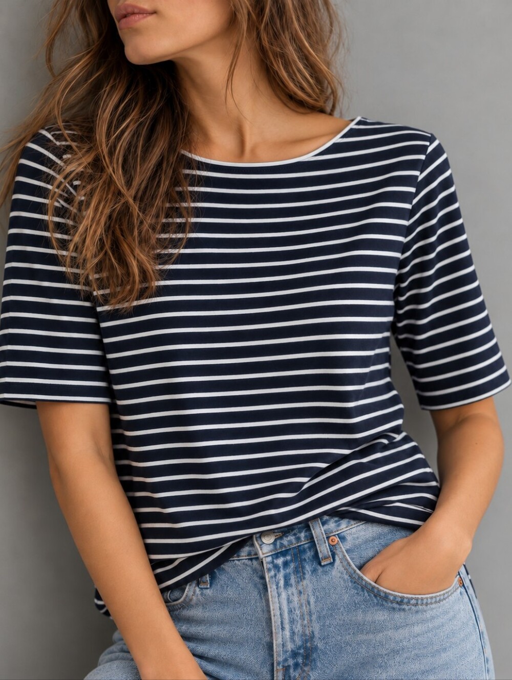 Lauren Ralph Lauren Navy White Striped Boat Neck Top Womens Size Medium